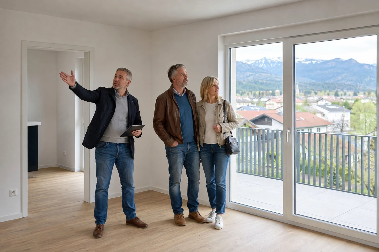 Mitarbeiter begleitet ein Paar bei der Besichtigung einer hellen Wohnung in Bayern