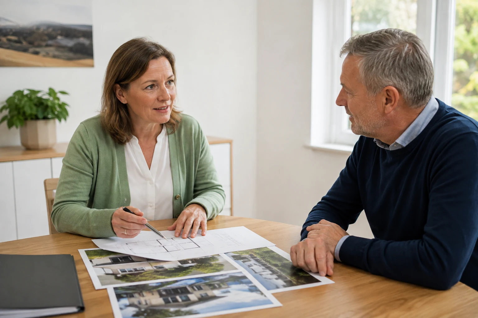 Berufserfahrene Frau spricht mit einem Ansprechpartner über die Arbeit im Immobilienverkauf